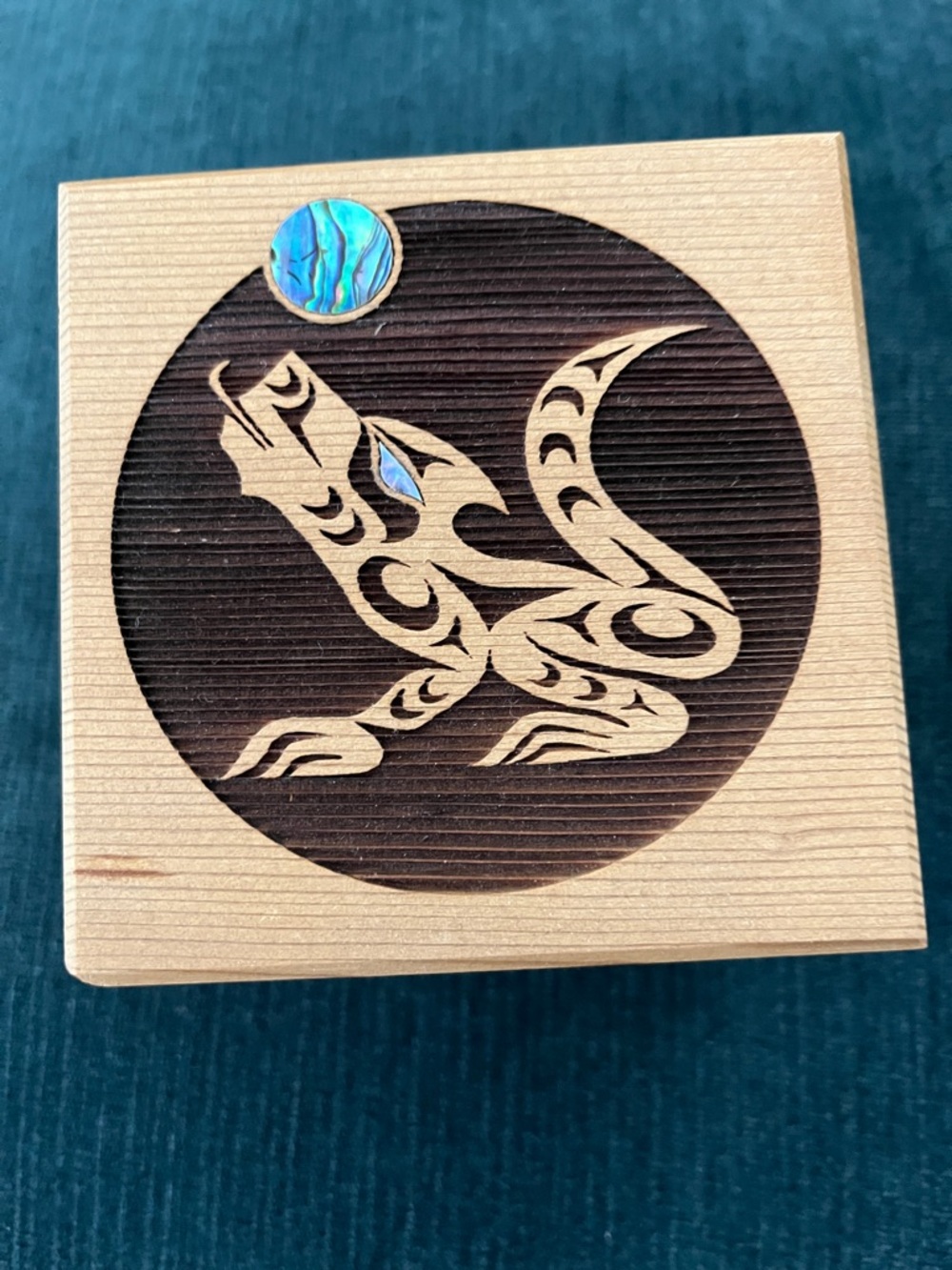 Wooden Box with Inlaid Abalone Frog Design - Natural & Iridescent Blue